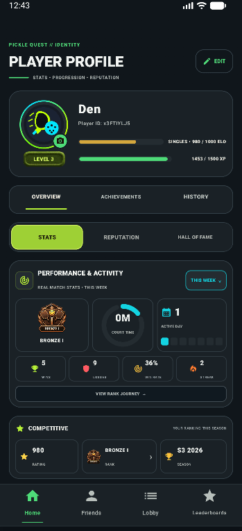 Pickle Quest player profile screen