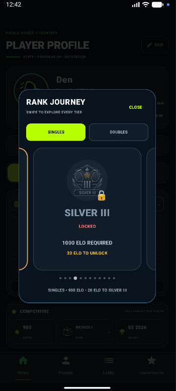 Pickle Quest rank journey showing locked Silver III tier